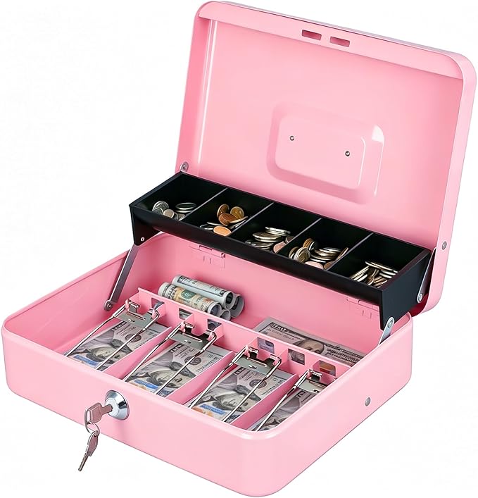 KYODOLED Locking Cash Box with Lock, Money Box with Cash Tray,Lock Safe Box with Key, Money Saving Organizer, 11.81Lx 9.45Wx 3.54H Inches, Pink XL Large