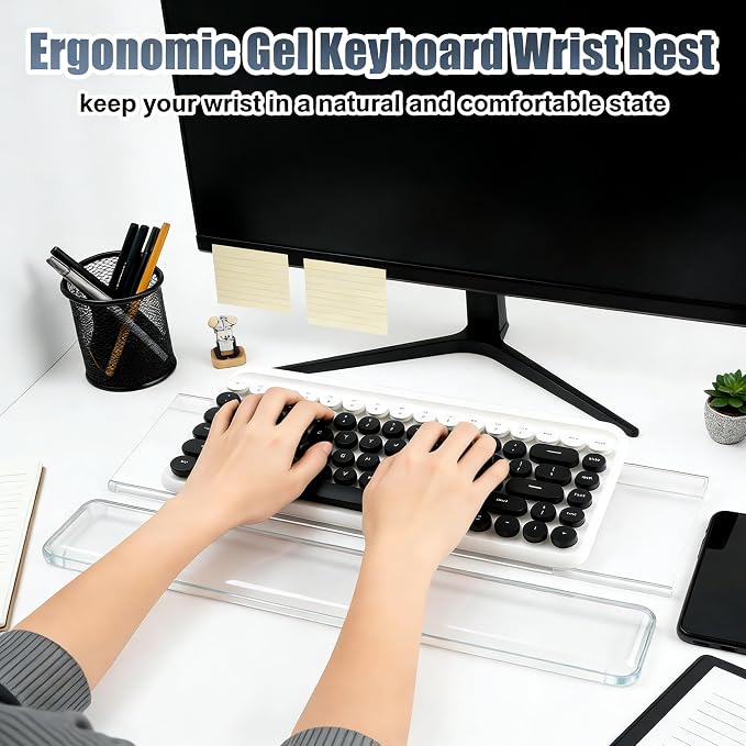 Acrylic Computer Keyboard Stand with Gel Wrist Rest Set-(Clear White Set) | Keyboard Riser for Desk Easy Typing with Gel Keyboard Wrist Pad, Anti-Slip Comfort Jelly Clear Wrist Rest Relief Pain