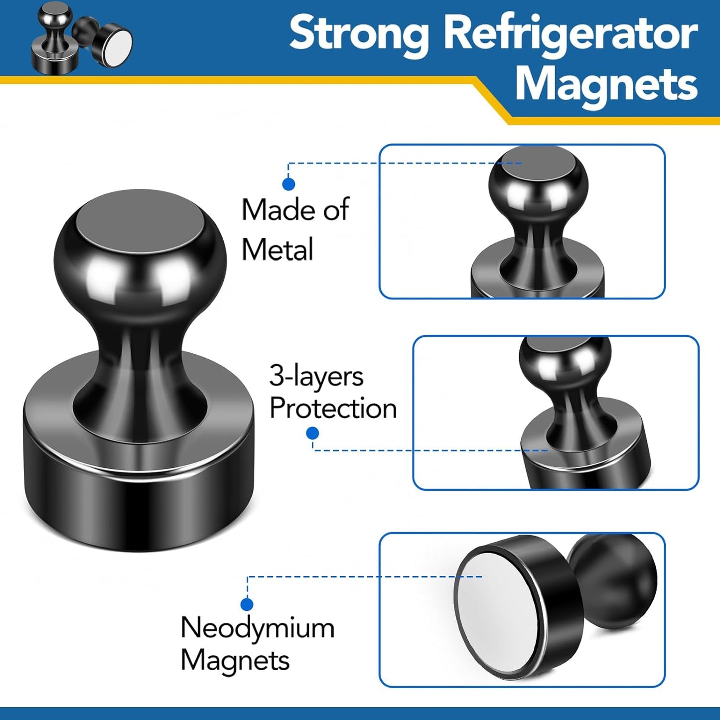 LOVIMAG Refrigerator Magnets, 56 Pcs Fridge Magnets Black Strong Magnets for Whiteboard, Small Neodymium Magnets for Fridge, Push Pins Magnets Ideal for Kitchen Magnets, Office Magnets, Map Decorative