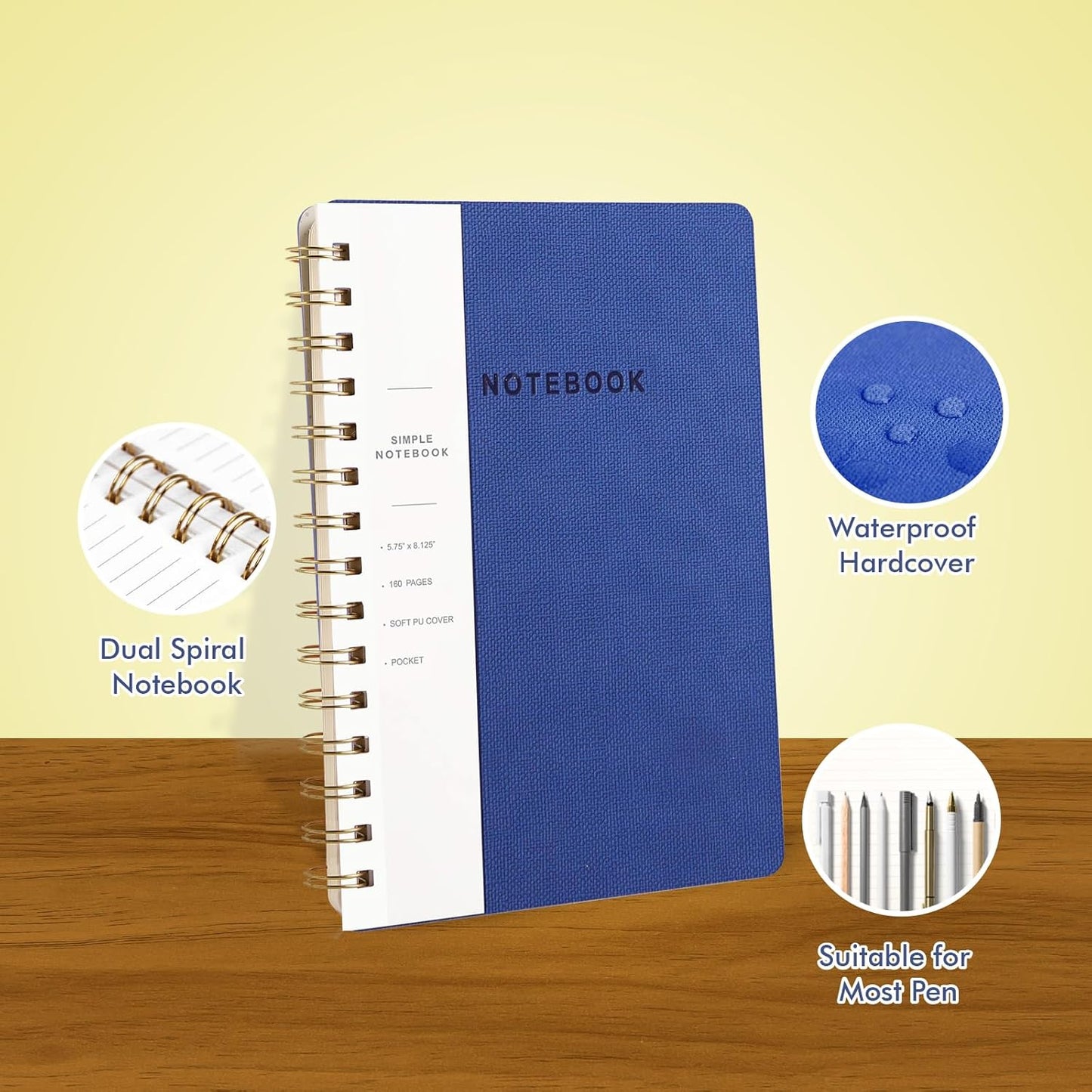 Lined Spiral Notebook College Ruled A5 Journal Book for Note Taking, 160 Pages Writing Journal for Office and Home School Supplies 5.75x8.125 inch (3pack-NavyBlue/LightYellow/MintGreen)