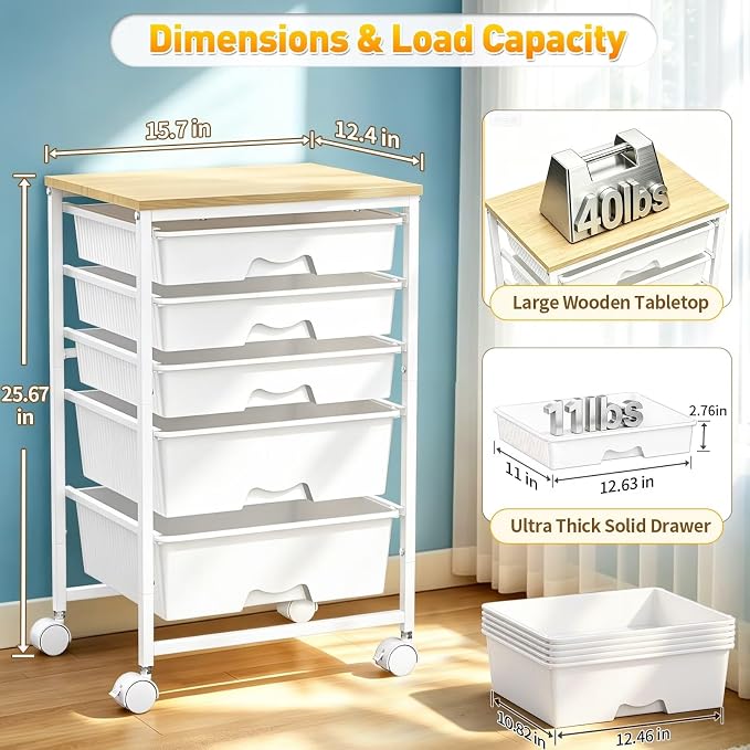 SUNALLY Rolling Carts with 5 Drawers, Storage Drawer Carts for Craft, White | Rolling Utility Cart with Wooden Tabletop & 2 Lockable Wheels, Teacher Storage Cart for Classroom School, Makeup, Nail, Art