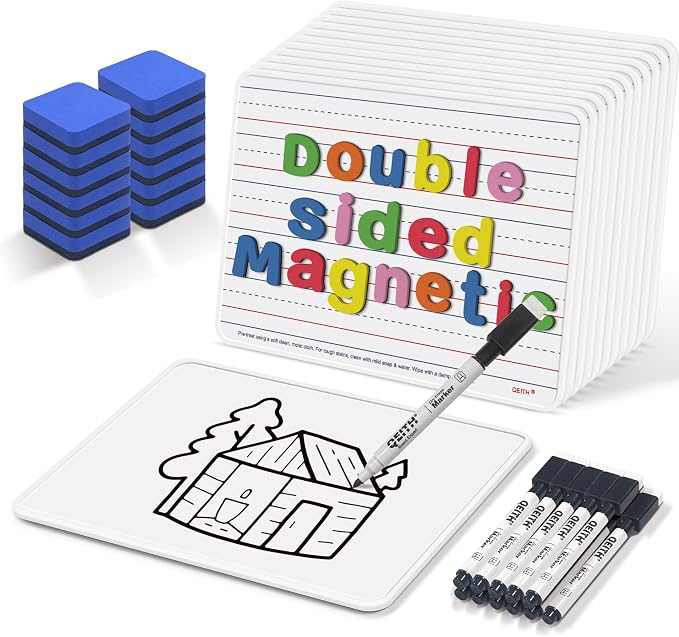 Dry Erase Boards, 12 Pack 9”x12” Magnetic Double Sided Portable Personal Small Whiteboards with Lines, Include 12 Markers, 12 Erasers, 12X52 Foam Letters for Kids, Students, Teachers Classroom School