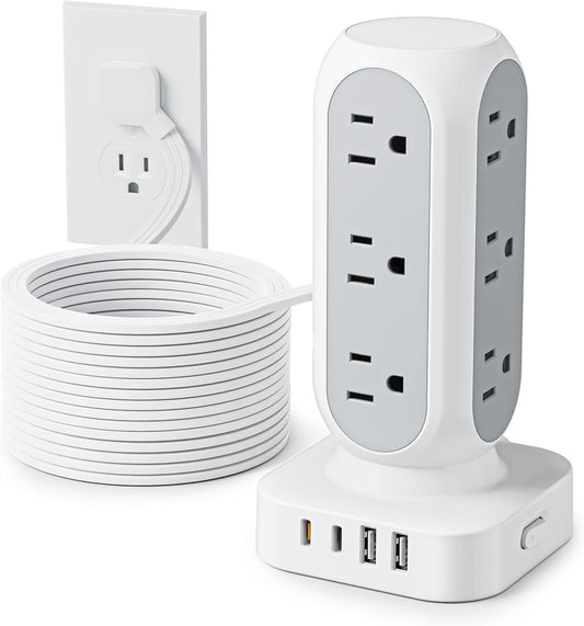 Flat Plug Power Strip Tower, 40W Total Fast Charging Station, Dual PD 20W USB-C Surge Protector with 12 AC Outlets and 8 USB Ports (4 USB C), 15FT Extension Cord for Home Office Dorm Room