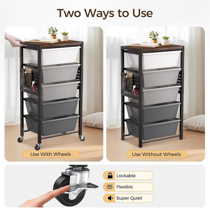 Rolling Cart with 5 Drawers, Plastic Drawer Storage Carts with Wheels & Wooden Tabletop, Metal Utility Cart with Pegboards, Office Living Room Classroom Craft Organization and Storage, Dark Grey