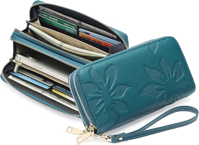 GOIACII Women's Wallet Large Capacity Double Zip Ladies Card Phone Holder RFID Blocking Wristlet Leather