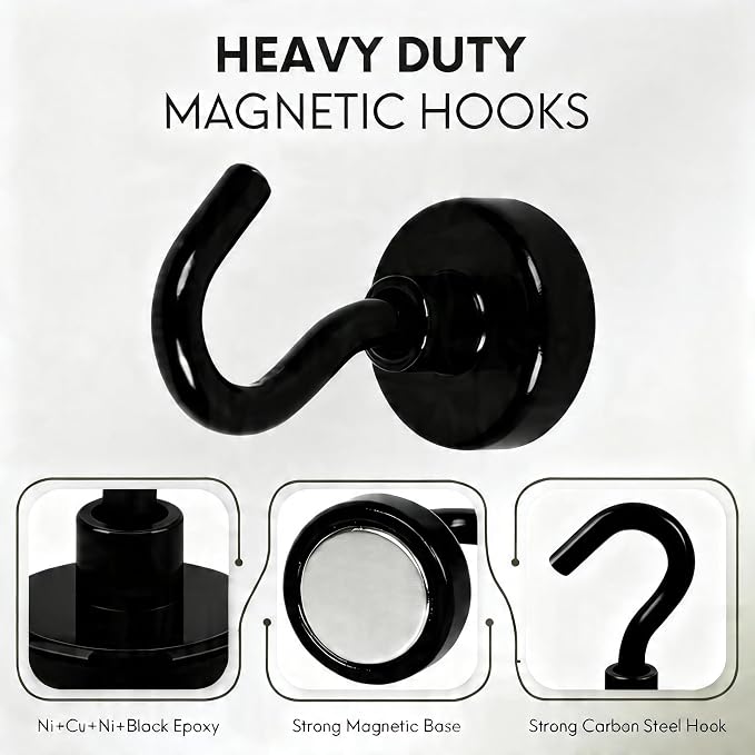 Neosmuk Magnetic Hooks, Heavy Duty 30lb+ Strong Magnet Hook for Cruise Cabins, Cruise Essentials 2026 for Hanging, Metal Wall Refrigerator Hangers (Black, 12 Pack)