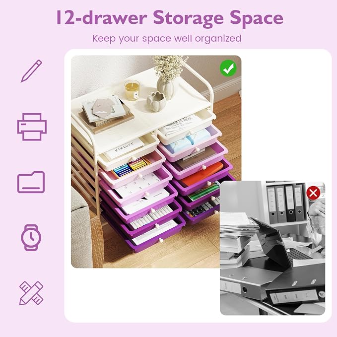 COSTWAY 12-Drawer Rolling Storage Cart, Utility Storage Organizer Cart | For Tools, Scrapbook, Paper, Craft, Multipurpose Art Supply on Wheels for Home Office School, Teacher, Purple Gradient