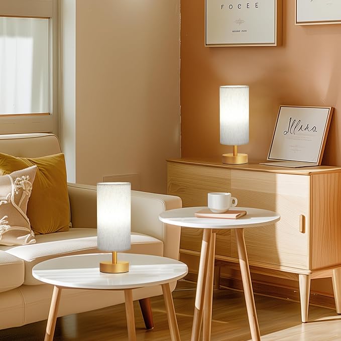 Table Lamps Set of 2 （Cream Shade- Gold Base, 11.6" Inline Control） | Bulb not Included | Small Lamps for Bedroom | Desk Lamp for Reading | for Living Room | for Dorm | Linen Fabric Shade