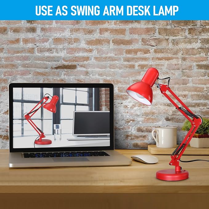 TORCHSTAR Metal Desk Lamp, Adjustable Swing Arm, E26, Red | Architect Gooseneck Multi-Joint Clip Table Lamp with Plastic Clamp, for Home Office, Work, Study, Reading, Bulbs not Included
