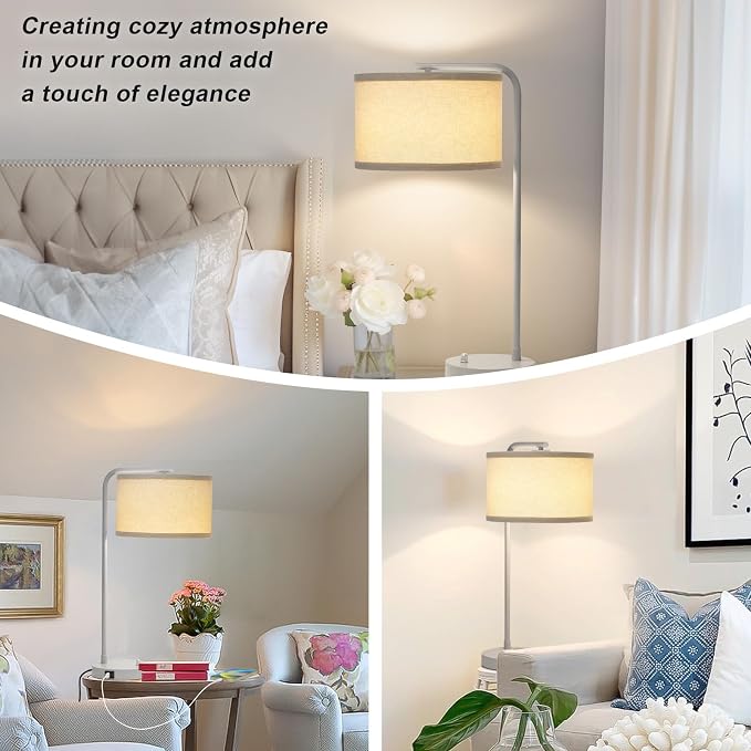 25" Tall Table Lamp with USB C+A Ports, Fully Dimmable Nightstand Lamp | Modern Grey Bedside Lamp with Beige Shade, Minimalist Desk Lamp for Living Room Bedroom Office, LED Bulb Included