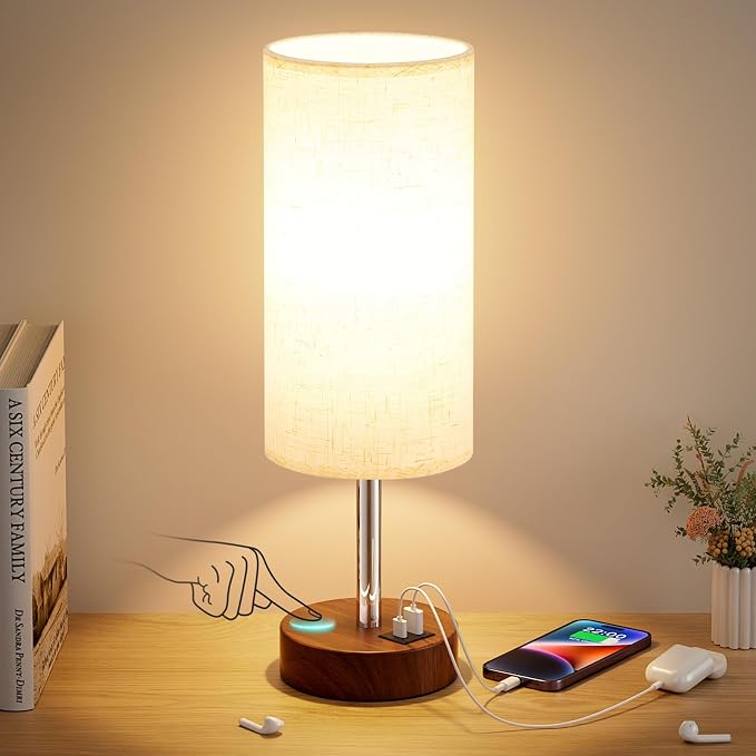 Dicoool Bedside Table Lamp for Bedroom - 3-Way Dimmable Touch Lamp, USB A+C | LED Bulb Included, 14" Small Nightstand Lamp for Desk, Living Room, Guest Room, Cream Fabric Lampshade, Redwood Metal Base