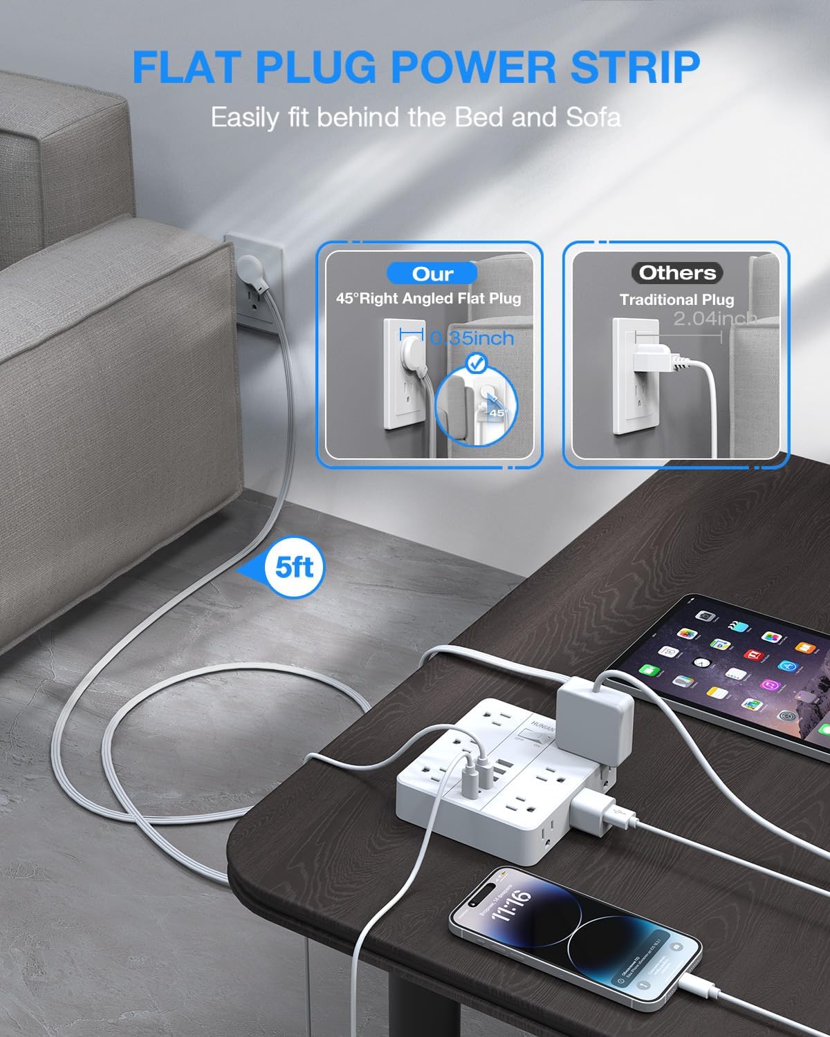 Surge Protector Power Strip 15 Ft Cord, HUNIAN Flat Plug Extension Cord with 12 Widely Spaced Outlets 6 USB Charger (2 USB C Ports), Desk Charging Station for Home Office Supplies, Dorm Room, White