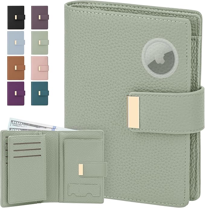 BKNOOU RFID Blocking Passport Holder with Airtag Slot- Leather Travel Passport Wallet for Women & Men, Slim Bifold Travel Passport Holder Holds Cards & Tickets & Cash (Green)