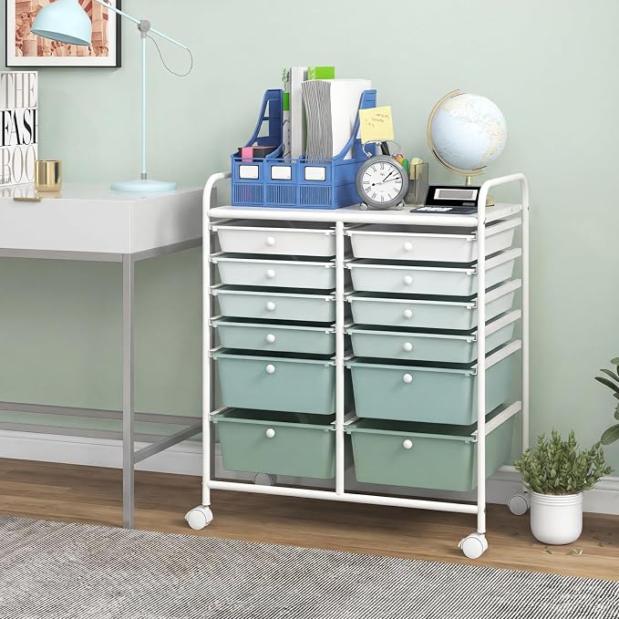 BECOMFORT 12-Drawer Rolling Cart with Drawers, Storage Cart on Wheels, Teacher Classroom Organizers with Metal Frame, Mobile Craft Cart, Trolley Utility Cart for School Office Play Room