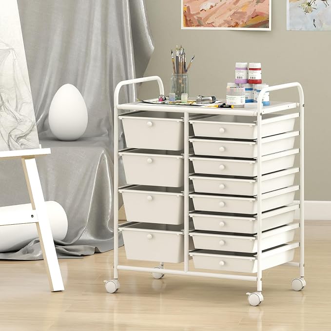 BECOMFORT 15-Drawer Rolling Cart with Drawers, Storage Cart on Wheels, Teacher Classroom Organizers with Metal Frame, Mobile Craft Cart for Tools