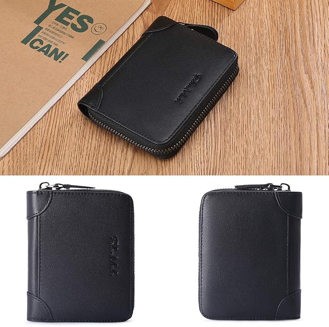 Wallets For Men Genuine Leather Short RFID Blocking Zip-around Bifold Wallet（Black）