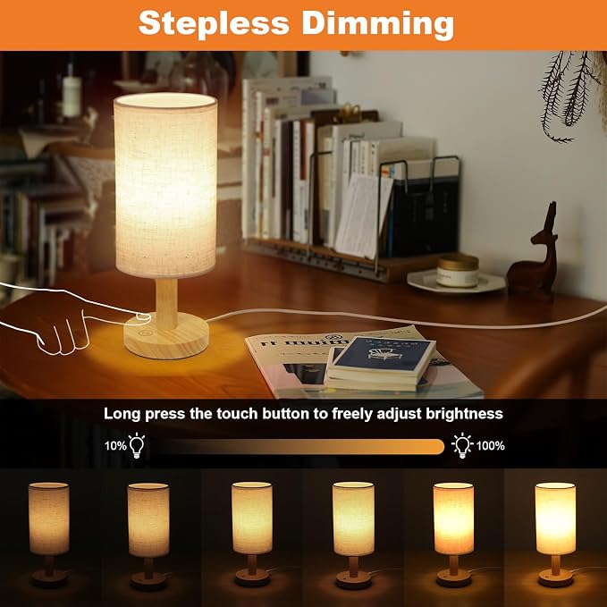 Small Touch Table Lamps Set of 2 with Stepless Dimming&USB Plug, Natural Round Wood Base & Linen Fabric Shade |Soft Ambient Night Light |Minimalist Boho Bedside Lamp for Bedroom,Nursery,Kitchen,Dorm