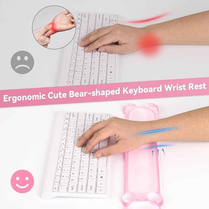 Clear Gel Keyboard Wrist Rest, Bear-Shape Wrist Rest, Ergonomic Wrist Rest for Computer Keyboard 60%/75% (Pink)