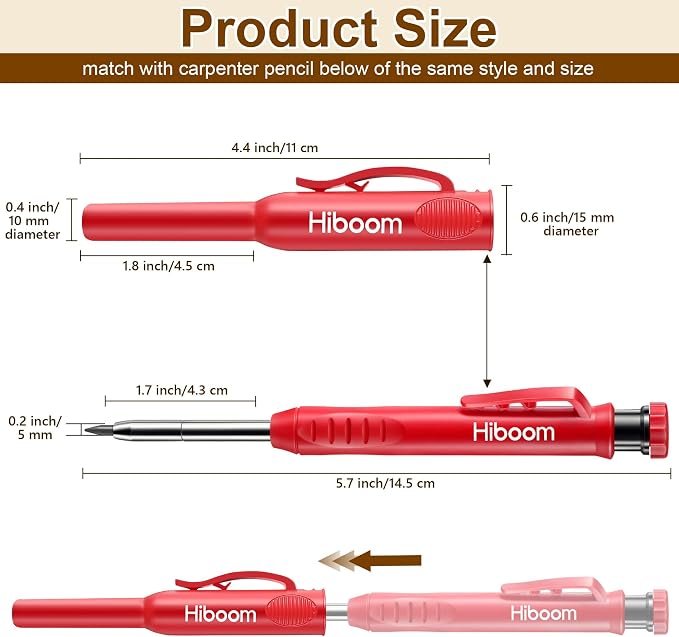 Hiboom 2 Pack Carpenter Pencils with Pencil Cap and 18 Refills, Red | Mechanical Pencil, Deep Hole Marking, Built-In Sharpener, Long Nose Tip, Pocket Clip, Marks Many Surfaces, Woodworking Use