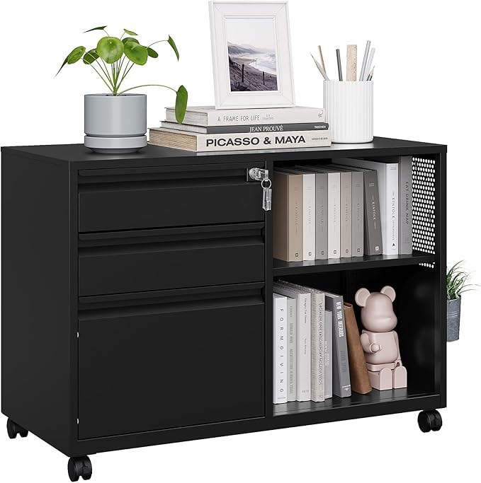 MIIIKO 3 Drawer File Cabinet with Lock, Metal Lateral Rolling Printer Stand Office Storage Filing Cabinets for Home Office,A4, Letter,File Folders(Black)