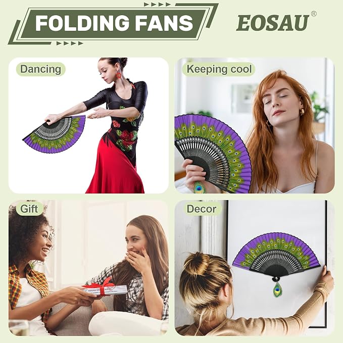 EOSAU Hand Fans for Women Foldable - Bamboo Silk Folding Fan Handheld, Fans for Line Dancing Wedding, Portable Bridal Party Favor, Elegant Church Performance Gift (Peacock Purple)