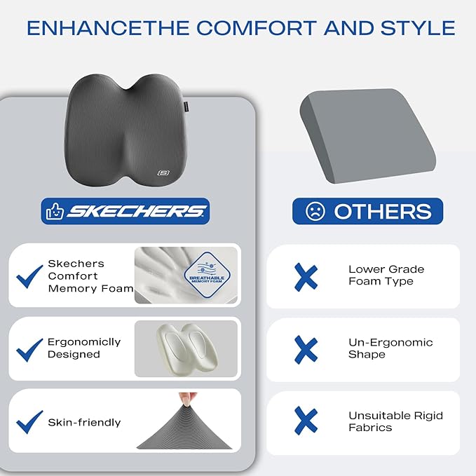 Skechers Seat Cushion, Ergonomic Memory Foam Cushion for Long Sitting Hours on Office & Home Chair, Car Seat Cushion for Sciatica, Coccyx Cushion,Gray