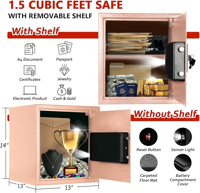 Voncabay Money Safe Box for Home with Digital Keypad, 1.5 Cu. Ft., Khaki | Alloy Steel, 2 Fireproof Bags, Digital Keypad with Display, Removable Shelf, Alarm System, 14 x 13 x 13 In.