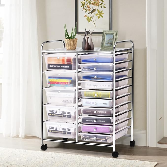 COSTWAY 15 Drawer Rolling Storage Cart, Mobile Storage Organizer | Removable Drawers & Metal Frame, Multipurpose Utility Tools Paper Organizer on Wheels for Home, Office (Transparent)