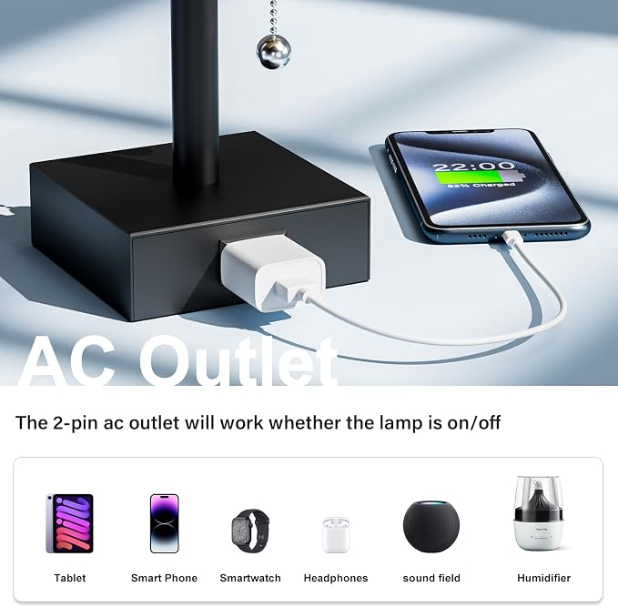 Bedside Lamp for Bedroom Set of 2 - Small Table Lamp for Nightstand | AC Outlet, 3 Color Temperatures, LED Bulb Included, Pull Chain Design, 14" Rectangular Desk Lamp for Dorm/Office, 2-Pack