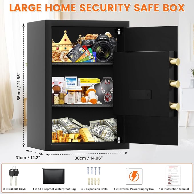 21.65"H Safe Box for Home | 3.8 cu ft Anti-Theft Safe with A4 Fireproof Bag | 36Lb Large Heavy Safe with Electronic Combination Lock & Removable Shelf | Document Safe for Office Cash Medicine Valuable