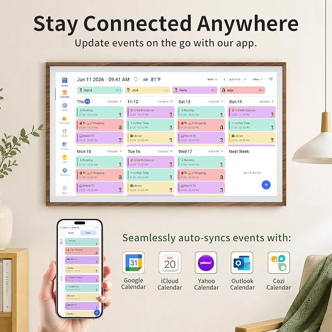 LIVINGPAI Smart Digital Wall Calendar, 27 Inch Full HD Touchscreen Family Planner, Chore Chart & Meal Planner, WiFi Shared Calendar Display, Google iCloud Outlook Sync, Wood Frame