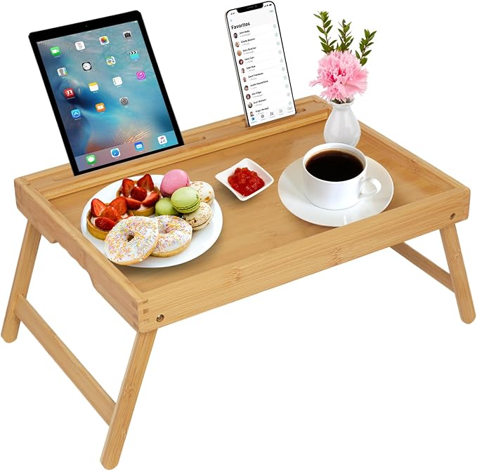 Artmeer Bamboo Bed Tray Table with Device Slot, Folding Legs, Large, Bamboo | FSC-certified bamboo bed tray with folding legs, device slot and handles for meals, laptops, reading and serving in bed.
