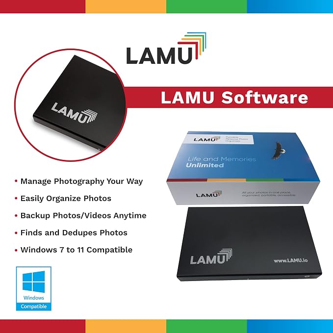 LAMU Photo Organizer 500GB - Digital Picture Manager for Windows - Software Included to Easily Organize Your Photos and Videos - Digital Photo Storage - (Charcoal Black)
