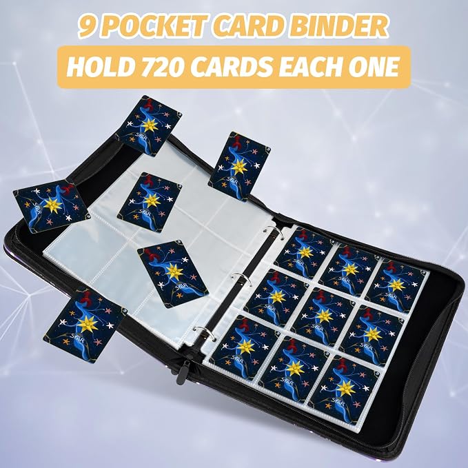720 Pockets Round Ring Trading Card Binder, 9-Pocket Clear Zipper Card Album with Wrist Strap, Holds 720 Standard TCG Cards Compatible with Sports Baseball Football Game Cards (Yellow Print)