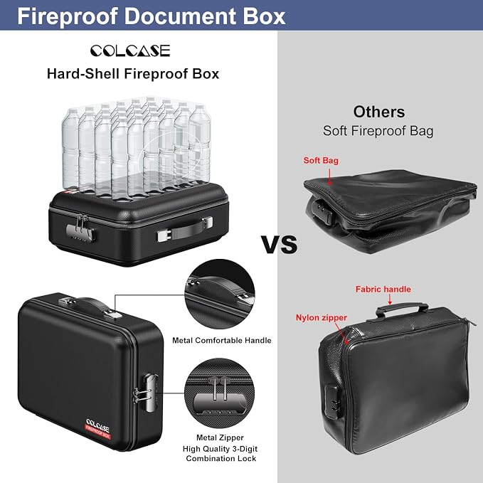Fireproof Document Box with Lock, Hard Fireproof Document Organizer | Hard-Shell Fireproof Waterproof Documennt Box with Combination Lock Black
