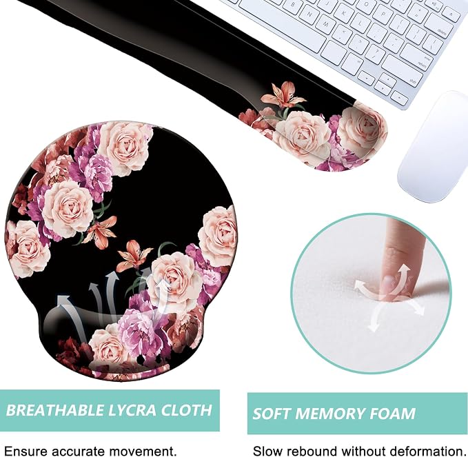 Keyboard Wrist Rest Pad Mouse Pad with Wrist Support Set of 3, Mousepad with Non-Slip Rubber Base, Ergonomic Memory Foam Mouse Wrist Cushion Support for Home Office Laptop Computer Gaming, Flowers