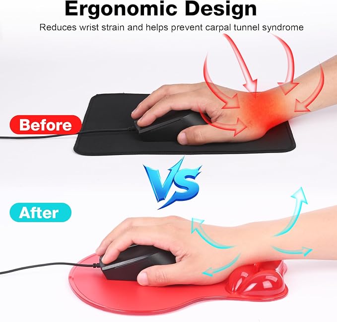 Gel Mouse Pad with Wrist Rest, Ergonomic for Laptop, Non-Slip Base | Cooling Gel Comfort, Soft Squishy Wrist Support, Easy to Clean, Non-Slip PU Base, for Office & Home Desk Red