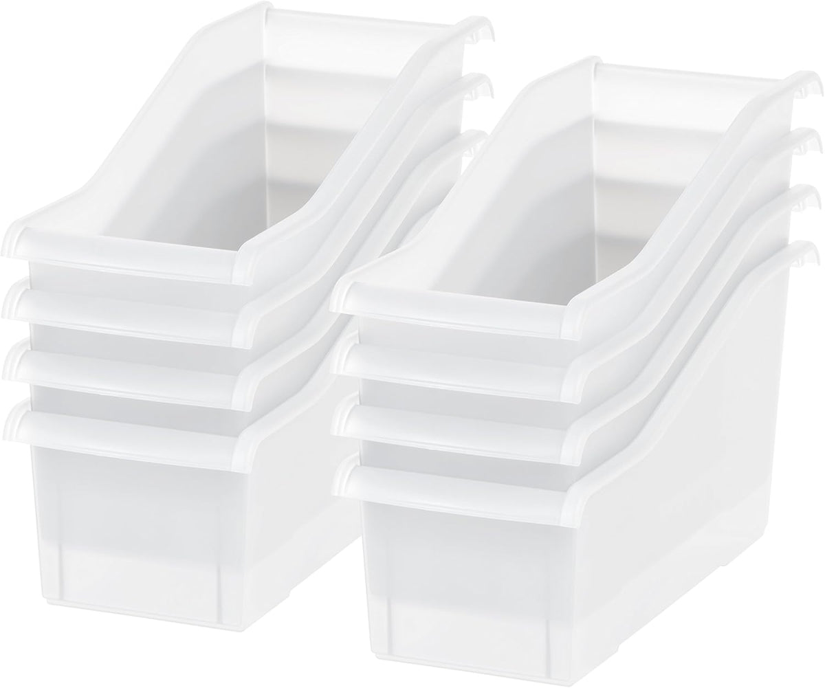 IRIS USA Plastic Book Bin Magazine Holder, 8-Pack, Vertical Standing Connecting Container Box for Office Dorm Study Homework Binder Notebook File Craft Stationery Supplies Organizer Caddy, Clear