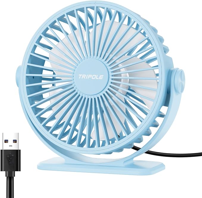 TriPole USB Desk Fan Small Portable, 360° Rotation Quiet Mini Personal Fan | Blue, 3 Speeds Plug In USB Fan, Desk Fans Small Quiet, 4.9ft Cable, Strong Breeze for Desktop Bedroom Office Table Travel