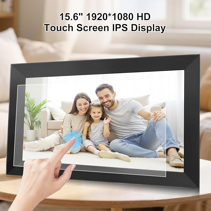 Digital Picture Frame 15.6 Inch Large Frameo Digital Photo Frame，32GB, 1920 * 1080 IPS HD Touch Screen, Electronic Picture Frame IPS Touch Screen with Auto-Rotate, Frameo Digital Frame WiFi(Black)