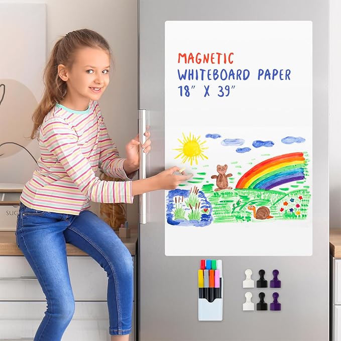 Magnetic Dry Erase Whiteboard 18"x39" for Fridge | Dry erase white board for fridge set with markers, eraser & magnets. Magnetic sheet sticks to fridge whiteboard