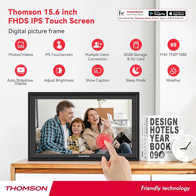 THOMSON 15.6Inch FHD Digital Picture Frame, 1920x1080 IPS Digital Photo Frame with 32GB Large Storage, Quad-Core CPU, Auto-Rotate, Slideshow, Easy Photo Transfer via WiFi APP/Email/USB/SD Card
