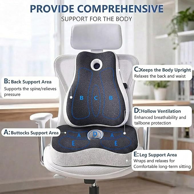 Seat Cushion and Lumbar Support for Office Chair, Memory Foam Chair Cushion for Back and Butt, Ergonomic Set for Tailbone, Sciatica & Back Pain Relief