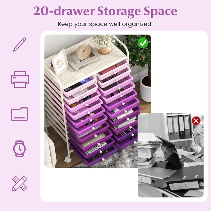 COSTWAY 20-Drawer Rolling Storage Cart, Utility Storage Organizer Cart | For Tools, Scrapbook, Paper, Craft, Multipurpose Storage Trolley on Wheels for Home Office School (Purple Gradient)