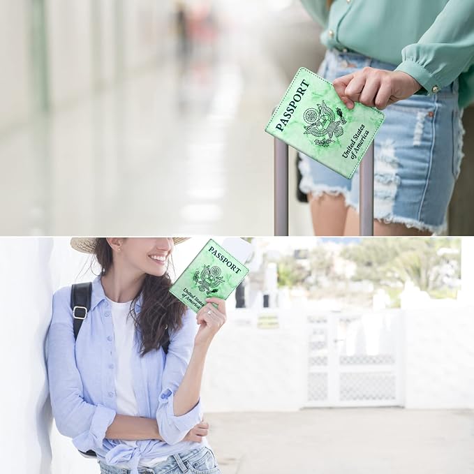 Eoehro Passport and Vaccine Card Holder Combo, Faux Leather, Compact, Lightweight, Waterproof, E-Marble Green