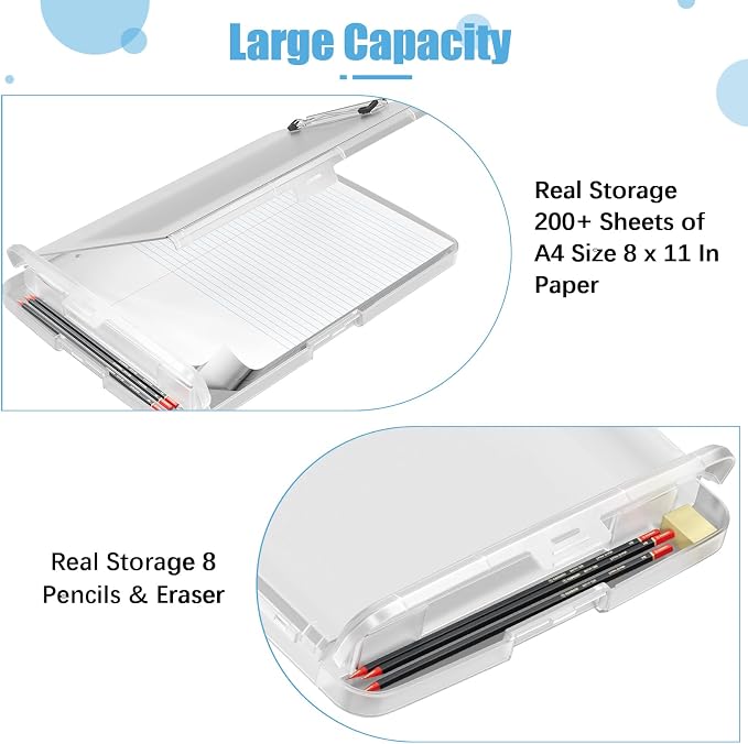 Hongri Clipboard with Storage with Pencil Case, 8.5 x 11 Storage Clip Board | High Capacity Organization Box for A4 Letter Legal Paper, Heavy Duty Folio & Side-Opening for Nurses, Teachers, translucent