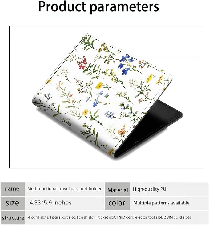 Passport Holder Wallet Cover Case,RFID Blocking Passport Cover,Large Capacity Travel Wallet with Multi Card Slots (Flower Weeds Leaves)