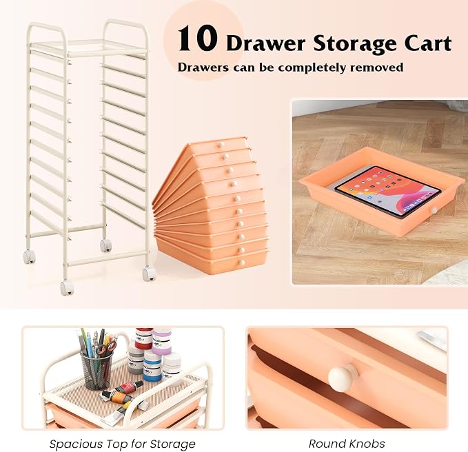 Storage Cart, Rolling Utility Cart with 10 Drawers, Portable Handles & Lockable Wheels, Mobile Paper Toys Storage Organizer Large Capacity for Home Office School Teacher (Peach)