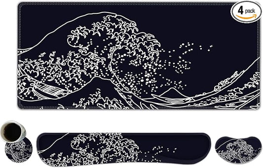 ToLuLu Extended Gaming Mouse Pad, Memory Foam Ergonomic Keyboard Mouse Wrist Rest Support Set, Large Desk Mat with Stitched Edges, Non-Slip Base Mousepad for Home Office Game, Black Wave of Kanagawa