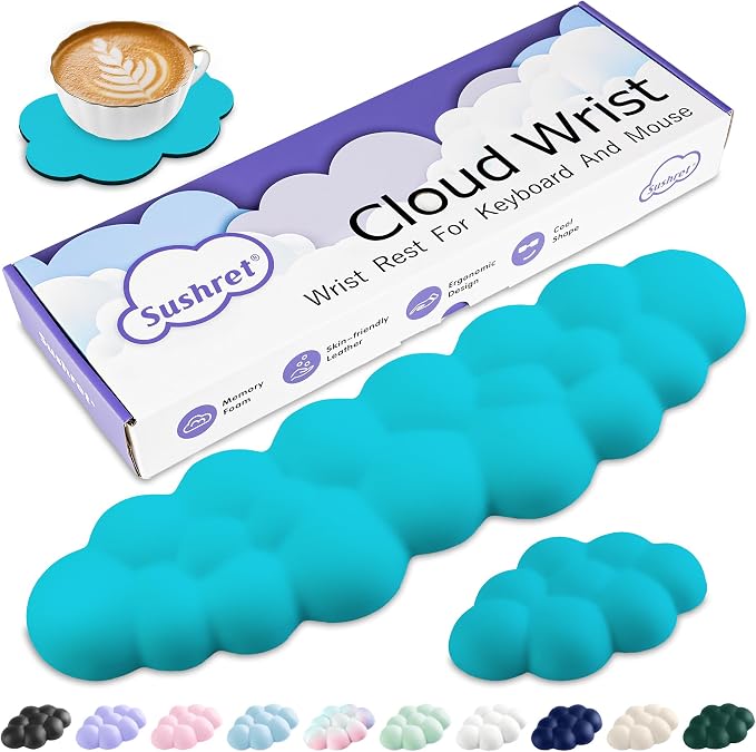 Cloud Wrist Rest Keyboard, Cloud Keyboard Wrist Pad Set with PU Leather Memory Foam, Cute Arm Rest for Palm Support, PC/Gaming Desk Accessories/Office Setup/Computer Hand Cushion - Scuba Blue